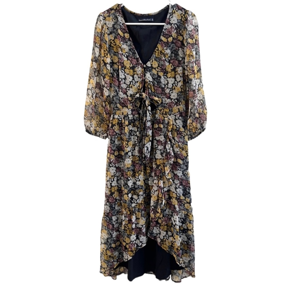 Abercrombie & Fitch Black Floral Ruffle High Low Dress Sheer Sleeve size Medium